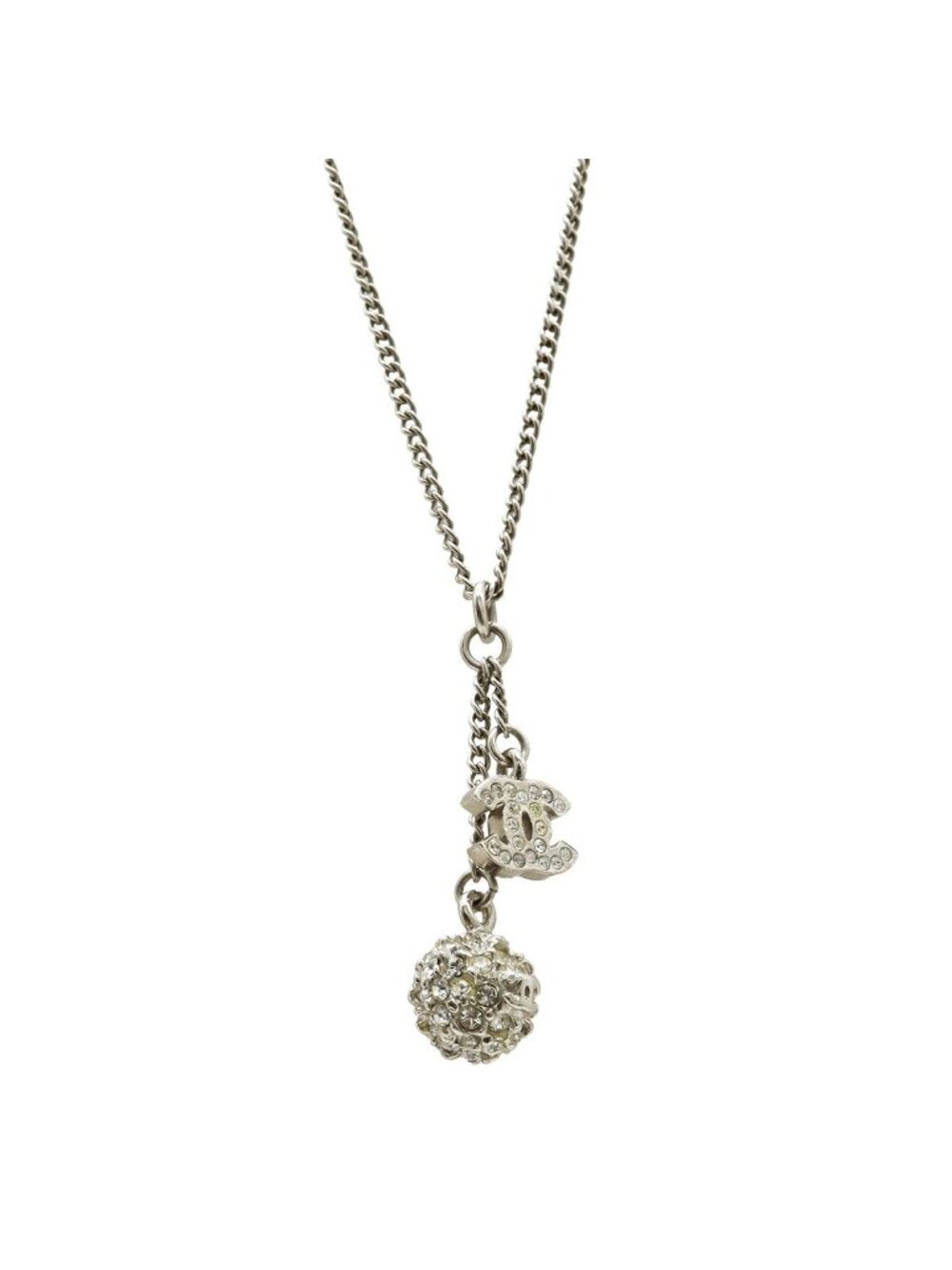Chanel 13P Mirror Ball CC Logo Pendant Metal Rhinestone Silver Necklace